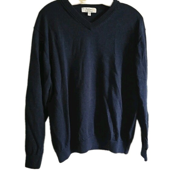 Turnbury Extra Fine Merino Wool Sweater Large Navy Blue Men's V-neck Read - Picture 1 of 8